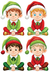 Four cheerful elves in festive Christmas attire.