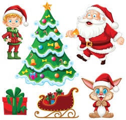 Colorful Christmas illustration with Santa, elf, and gifts.
