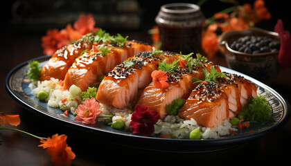 Freshness of seafood on a plate, healthy eating with sashimi generated by AI
