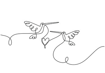 Hummingbird couple in continuous one line art drawing. Vector illustration isolated. Minimalist design handdrawn.