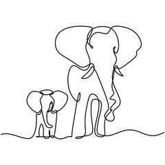 Elephant in continuous one line art drawing. Mother and kid animal. Vector illustration isolated. Minimalist design handdrawn.