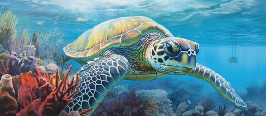 Fototapeta premium Close-up view of a Green Sea Turtle swimming in the ocean with corals and sea grass in the foreground.