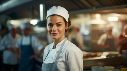  Smiling Female Chef in Professional Kitchen.