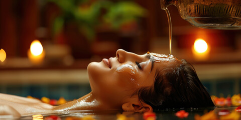 Young Indian woman lying on the table and getting ayurvedic massage with organic oil or honeyed in...