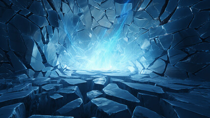 Cracked Ice Wall with light piercing through the broken stone - obrazy, fototapety, plakaty