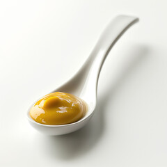 A sleek transparent ceramic spoon with a dollop of artisanal mustard isolated on a white background 