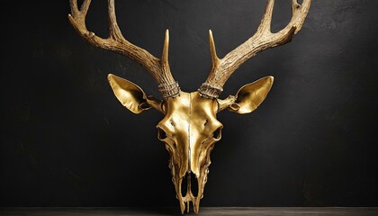deer.a striking product photo that showcases a hyper-realistic posh gold deer skull with sharp antlers. Place it against a chic black wall and use studio lighting to bring out the intricate details, c - obrazy, fototapety, plakaty