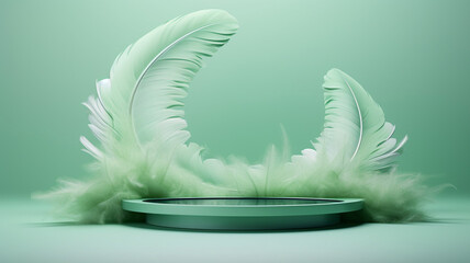 Minty green tambourine and a cascade of soft feather design - obrazy, fototapety, plakaty