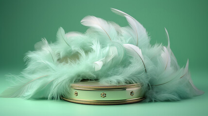 Minty green tambourine and a cascade of soft feather background - obrazy, fototapety, plakaty