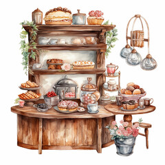 Watercolor Illustration of a Vintage Bakery Counter with Desserts and Coffee