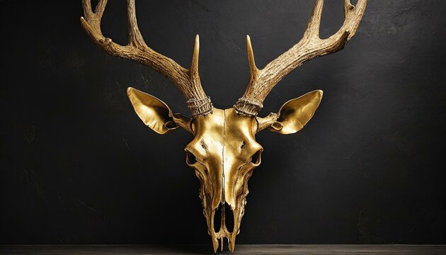 deer.a striking product photo that showcases a hyper-realistic posh gold deer skull with sharp antlers. Place it against a chic black wall and use studio lighting to bring out the intricate details, c