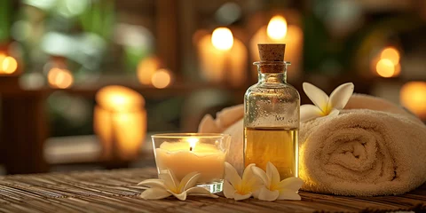 Wall murals Massage parlor Towels, burning candles, bottle of fragrant oil in massage parlor. Self-care concept 