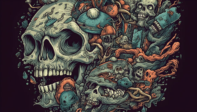 zombies, demons, bat, skeletons, brains, highly detailed trippy cartoon network