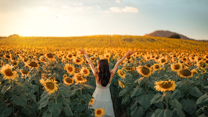 Carefree Happy beautiful young woman in white dress opened arms up in air and looking at sunset in...