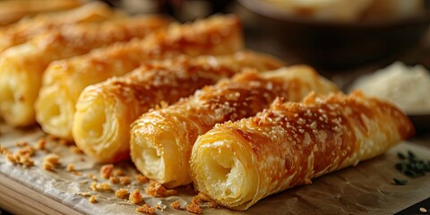 Halawet el-Jeben Elegance - Sweet Cheese Rolls in a Culinary Fusion - Palate-Dancing Flavors - Soft, Warm Light Accentuating the Golden Hue - Artistic Close-ups of the Roll's Texture