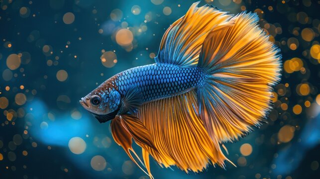 A stunning blue orange Betta fish displays a vibrant and colorful tail against a natural background