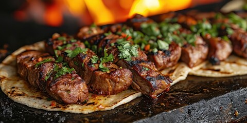 Mexican Street Food Extravaganza - Flavorful Spit-Grilled Goodness Wrapped in Corn Tortillas - Story of Bustling Markets, Vibrant Colors, and Shared Joy - Bright, Festive Lighting
