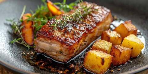 Danish Crispy Pork Belly Extravaganza - Nordic Culinary Symphony - Crunch and Juiciness Collide - Crispy Pork Belly Sings of Fjords and Forests - Soft, Cool Lighting Creating a Nordic Ambiance