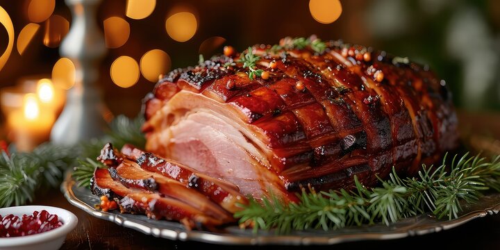 Swedish Christmas Ham Tradition - Glazed to Perfection, Culinary Celebration of Yuletide Flavor - Picture Snowy Landscapes, Candlelit Windows, Festive Feasts - Warm, Festive Lighting
