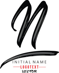 the letter N is handwritten, N - Black handwritten letters, hand drawn N letters Logo design. Brushstroke N Letter Logo Design on white background