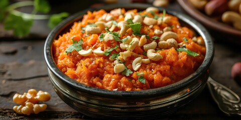 Gajar ka Halwa Elegance - Carrot Pudding, a Canvas of Ghee, Nuts, and Sweet Bliss - Feel the Warmth of this Flavorful Tapestry - Gajar ka Halwa Elegance Captured Visually - Soft, Warm Lighting - obrazy, fototapety, plakaty