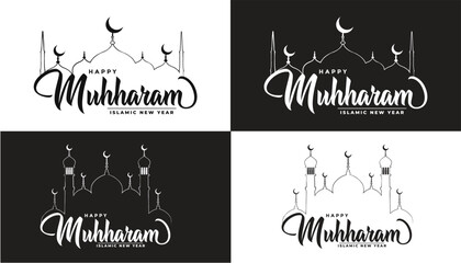 Islamic new year, happy muharram graphic design With mosque line art, Islamic New Year or Muharram Design.