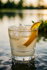 Summertime cocktail with lemon slice and ice