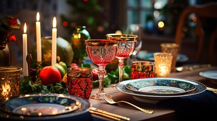 festive serving at the table.  glasses and plates are arranged neatly