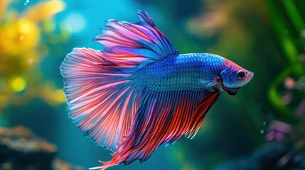 Obraz premium A stunning blue red Betta fish displays a vibrant and colorful tail against a natural background