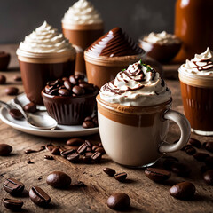 Assorted Coffe Cups with Whipped Cream and Chocolate Drizzle