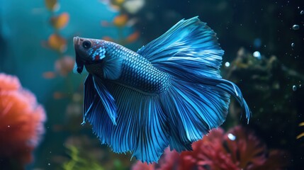 A stunning blue Betta fish displays a vibrant and colorful tail against a natural background - obrazy, fototapety, plakaty