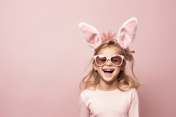 Pink horizontal banner of young happy smiling young teenager elementary school girl with cute bunny rabbit ears on studio bright background. Empty space place for text, copy paste