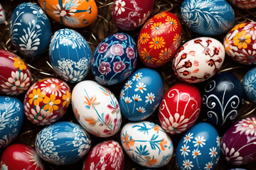 Fototapeta na wymiar Happy Easter religious spring celebration concept. Top view or flatlay of different colorful home colored easter eggs with bright colors and decorations lying on table