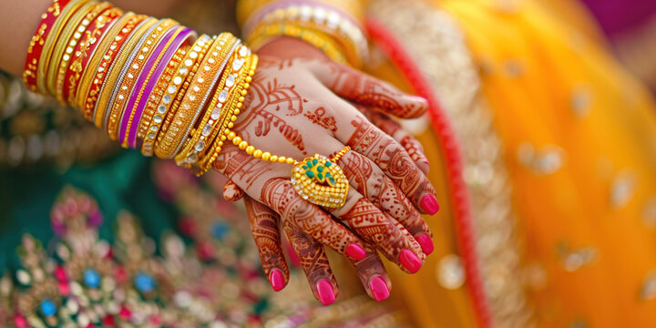 Celebration of a special day of love marriage ceremony concept. Close-up Indian bride's hands during the Saptapadi ceremony on Hindu wedding spousal