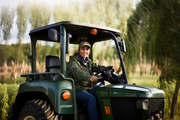 Fototapeta premium Enjoying work happy satisfied female farmer inside of tractor smiling to camera with arms on driving wheel. Field farming vehicle. Machine for agriculture. Active smiling adult female