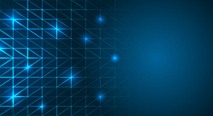 Abstract blue background made of triangles and glowing particles. Technological template for presentation. Modern vector geometric concept for banner.