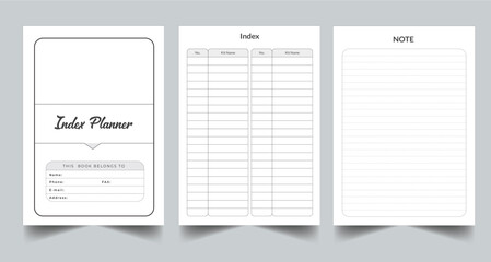 Editable Index Planner Kdp Interior printable template Design.