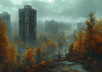 trees city tall buildings background fallout wasteland fading leaves communist rainy atmosphere panoramic nuclear fungus horror damaged necropolis sci - obrazy, fototapety, plakaty