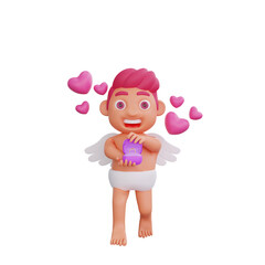 3D illustration of Valentine Cupid character holding a ring box