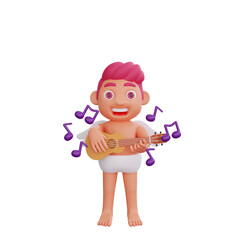 3D illustration of Valentine Cupid character playing a ukulele