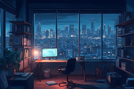 A city at night as seen from a window. anime, manga, and lofi. desk for studying. Cool, inviting, and comfy space. messy setting Digital artwork of a serene, bright apartment. 4K backdrop, wallpaper