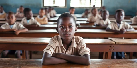 Poster Portrait of a serious African elementary school young boy in uniform sitting in an ordinary classroom in an African rural village school. Availability of education in Third World countries concept © Valeriia