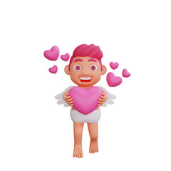 3D illustration of Valentine Cupid character holding a heart