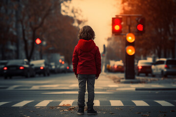 Back of child on road on crosswalk at red traffic light in city cars background. Dreaming kid go through road without looking at sides. Dangerous safety rules traffic law emergency situation concept - obrazy, fototapety, plakaty