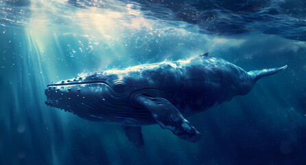 a whale which is swimming under water - obrazy, fototapety, plakaty