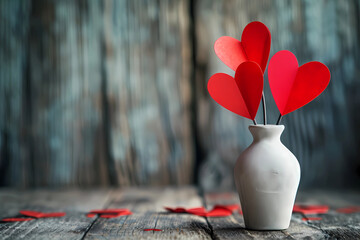 Paper hearts in vase on wooden background - obrazy, fototapety, plakaty