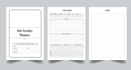 Editable Ads Tracker Planner Kdp Interior printable template Design.