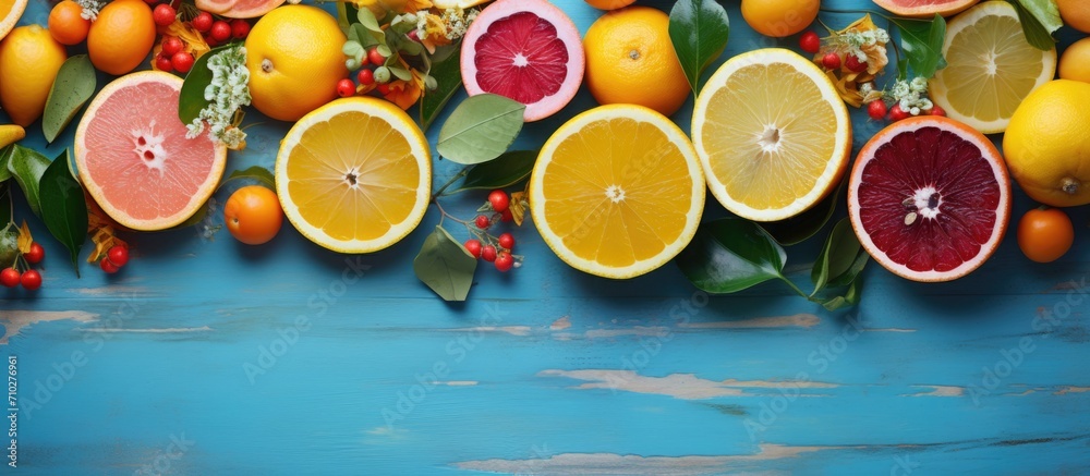 Poster citrus fruits on blue vintage table, top view