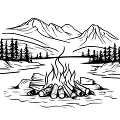 Campfire illustration with trees and mountains