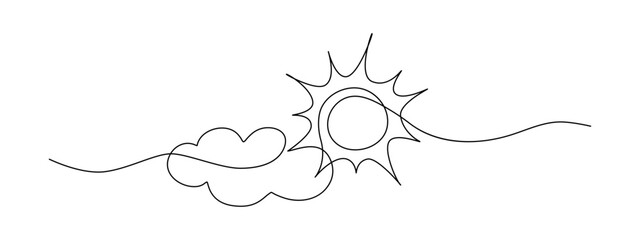 Sun continuous one line drawing and cloud. Sun contour sign. Single line sketch sunny summer travel concept. - obrazy, fototapety, plakaty